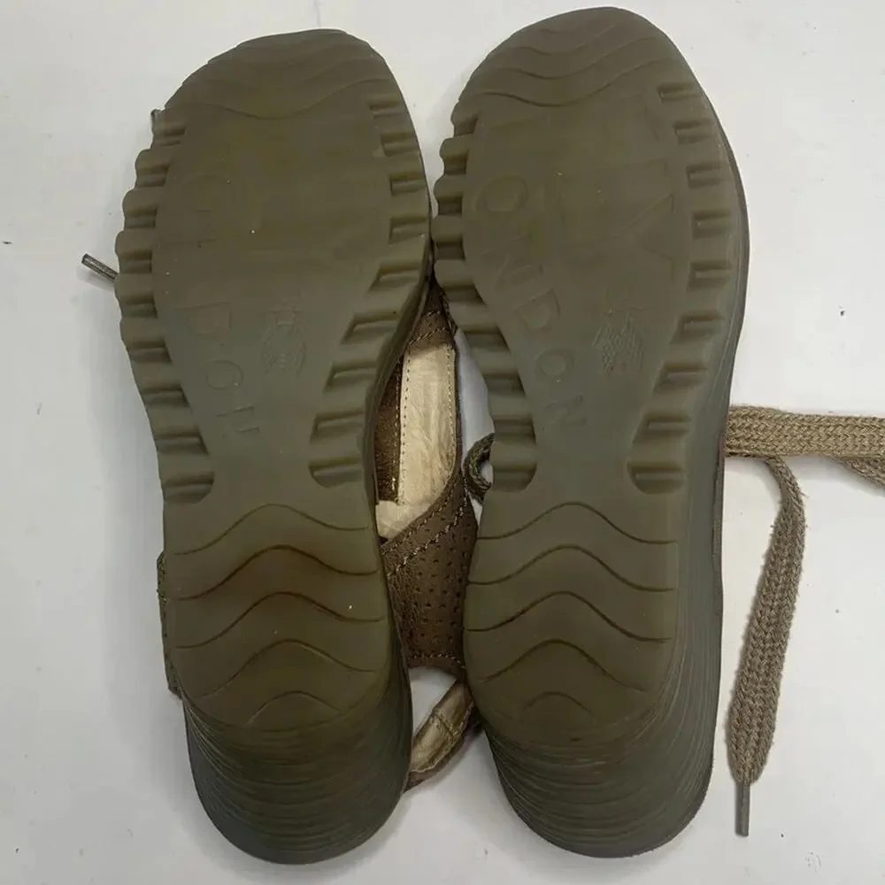Fly London Yiva Perforated Taupe Lace Up Wedge Sandals S-055 Sz 40 EU / 9-9.5 US
